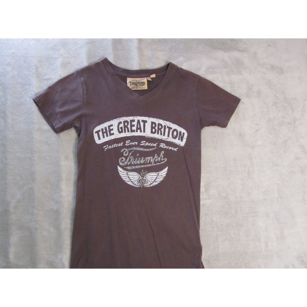Triumph Motorcycles The Great Briton V-Neck Graphic‎ Tee Brown Samurai Back XS